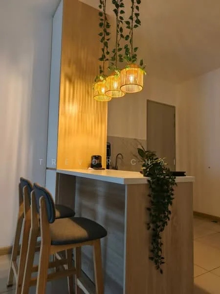 Kitchen features: wooden cabinetry, white countertop, pendant lighting with woven shades, bar seating with three stools, grey upholstered seats, wall-mounted coffee machine, marble tile backsplash, hanging plants, open layout, neutral wall color, floor tiles, recessed lighting; style: modern.
