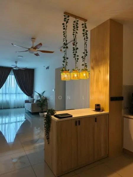 Living features: 3-blade ceiling fan, 5-blade ceiling fan with light, hanging pendant lights with greenery, wooden cabinetry, white countertop, large windows with sheer curtains, grey sofa, glossy tile flooring, decorative plants, neutral wall color, open layout, recessed lighting; style: modern.