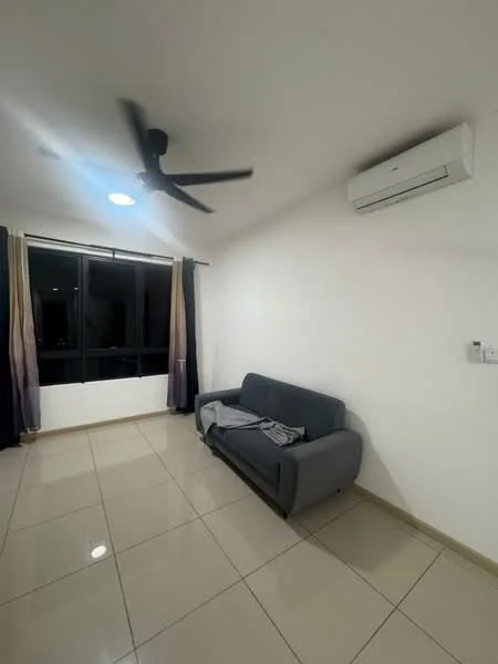 Living features: grey fabric sofa, wall-mounted split AC, 5-blade ceiling fan, white painted walls, glossy tile flooring, floor-to-ceiling windows, curtains in dark and light shades, recessed ceiling lights; style: modern.