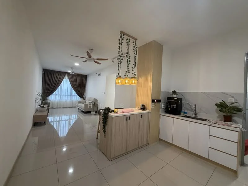 Kitchen features: white cabinetry, wooden countertop, stainless-steel sink, chrome pull-down faucet, built-in coffee machine, marble backsplash, open shelving, potted plants; style: modern. Living features: 3-seater fabric sofa in beige, coffee table, floor-to-ceiling windows, curtains, ceiling fan with light, decorative wall art, area rug, potted plants; style: modern.