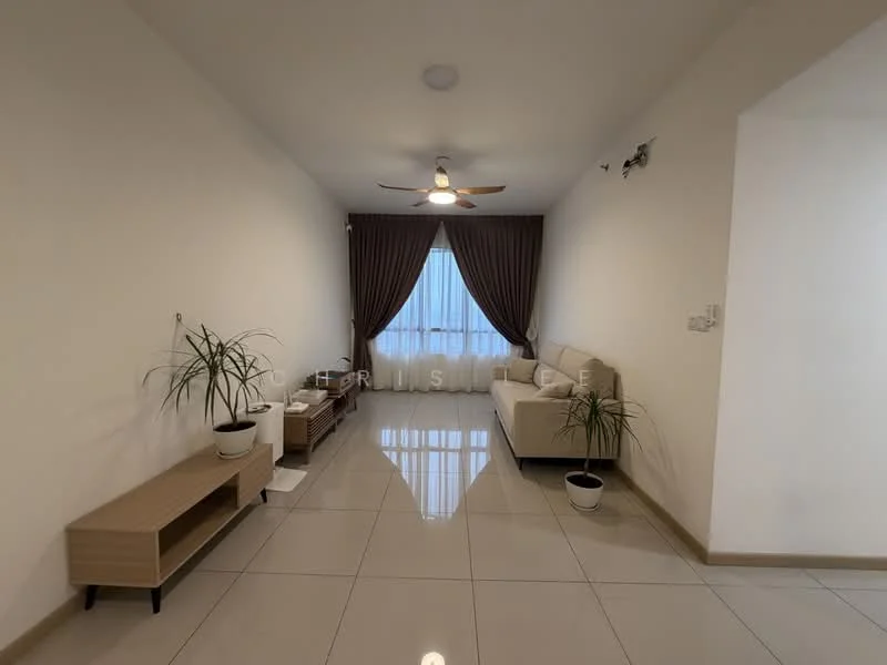 Living features: white painted walls, glossy ceramic tile flooring, 5-blade ceiling fan with light, floor-to-ceiling window with sheer curtains, light brown fabric sofa, wooden coffee table, two potted plants, brown curtain drapes; style: modern.