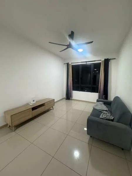 Living features: white painted walls, glossy ceramic tile flooring, 5-blade ceiling fan with integrated LED light, floor-to-ceiling window, blackout curtains, light grey fabric sofa, wooden TV console, decorative throw blanket; style: modern.