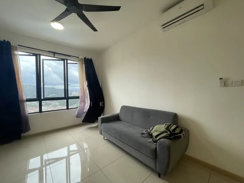 Living features: grey fabric sofa, floor-to-ceiling windows, sheer curtains, blackout curtains, wall-mounted split AC, recessed ceiling light, glossy tile flooring, neutral painted walls; style: modern; view: city.