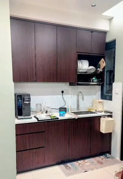 Kitchen features: dark wood cabinetry, white countertop, single-bowl stainless-steel sink, chrome pull-down faucet, built-in water dispenser, open shelving for dishes, tile backsplash, ceramic tile flooring, under-sink storage, kitchen rug; style: modern.