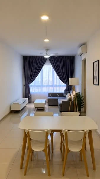 Living features: grey fabric sofa, 3-seater sofa, white coffee table, floor lamp with wooden base, TV console, wall-mounted TV, curtains in dark purple, floor-to-ceiling windows, light-colored tiled flooring, ceiling fan with light, indoor plant, decorative wall art; style: modern; view: city. Dining features: white dining table, 3 white dining chairs, light-colored tiled flooring; style: modern.