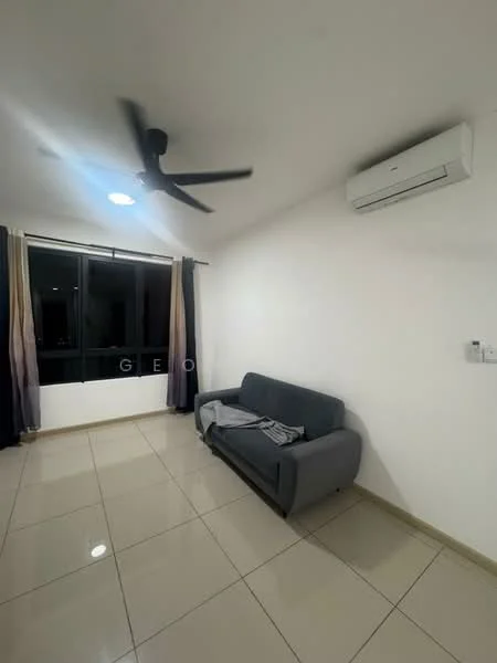 Living features: grey fabric sofa, wall-mounted split AC, recessed downlights, 5-blade ceiling fan, white painted walls, glossy tile flooring, floor-to-ceiling windows with curtains; style: modern.