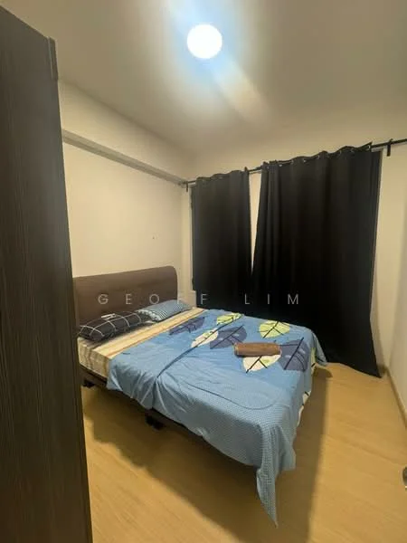 Bedroom features: queen-size bed, upholstered headboard, bedding with blue pattern, wooden flooring, black curtains, ceiling light, nightstand, decorative items on bed.