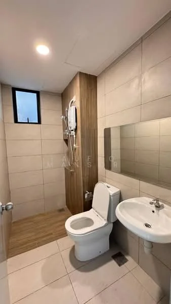 Bathroom features: white ceramic toilet, single-sink vanity with wall-mounted faucet, framed mirror, walk-in shower with glass enclosure, rain shower head, tile cladding on walls, wood accent wall, recessed downlights, sliding window, light-colored floor tiles; style: modern.