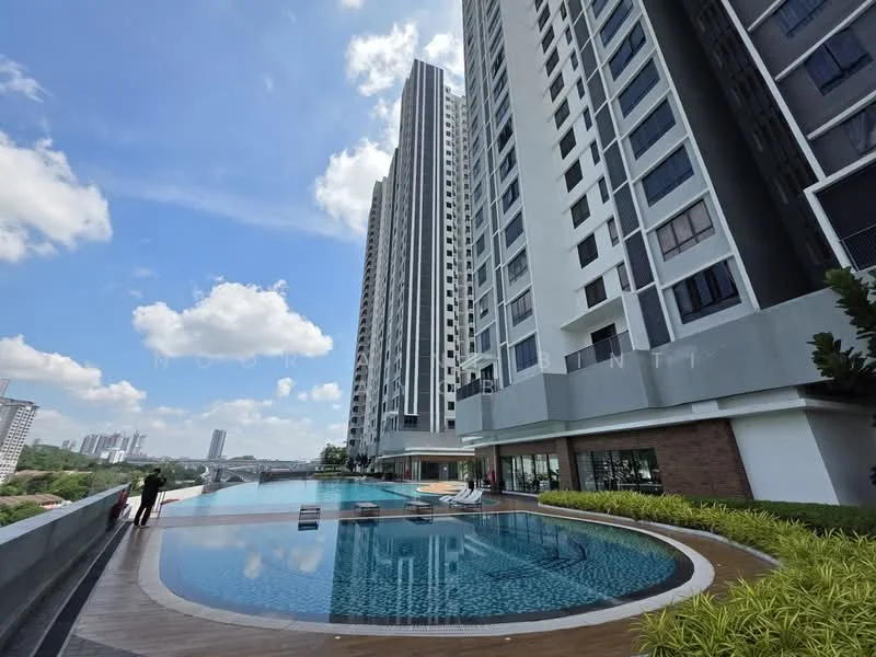 Exterior type: high-rise condominium; features: infinity pool, pool deck with loungers, glass curtain wall facade, balconies on upper floors, landscaped garden area, surrounded by greenery, urban skyline view, multiple storeys, modern architectural design; style: modern.