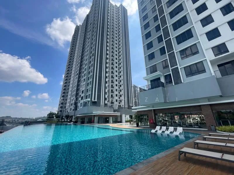 Exterior type: high-rise condominium; features: infinity pool, pool deck with loungers, glass curtain wall facade, white painted facade, approximately 20-storey high-rise, landscaped area around pool, outdoor seating area, surrounded by urban skyline; style: modern.