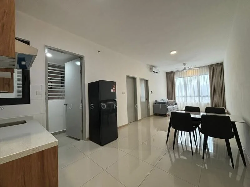 Living features: floor-to-ceiling windows, curtains, 3-seater fabric sofa in grey, coffee table, dining table with 4 chairs, wall-mounted air conditioning unit, light-colored walls, glossy tile flooring, ceiling fan with light; style: modern; view: city. Kitchen features: wood cabinetry, white countertop, stainless-steel fridge, kitchen sink, built-in stove, open shelving; style: modern. Room features: door leading to hallway, light-colored walls, glossy tile flooring.