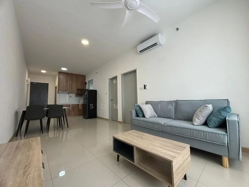 Living features: 3-seater fabric sofa in grey, decorative cushions, wooden coffee table, flat-screen TV on console, wall-mounted air conditioning unit, recessed ceiling lights, glossy tile flooring, white painted walls, ceiling fan; style: modern. Dining features: 4-seater dining table, black dining chairs, open layout to kitchen, white painted walls, glossy tile flooring; style: modern. Kitchen features: kitchen cabinets in wood finish, black refrigerator, stainless-steel sink, countertop space, white painted walls, glossy tile flooring; style: modern.