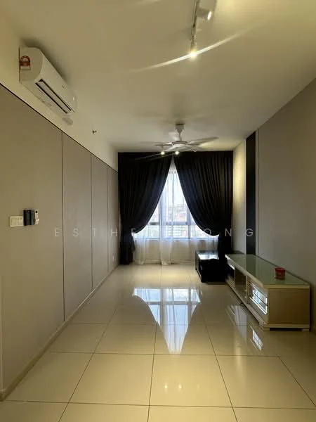 Living features: cream painted walls, glossy tile flooring, 5-blade ceiling fan with light, floor-to-ceiling windows, blackout curtains, TV console, sofa, air conditioning unit; style: modern; view: city.
