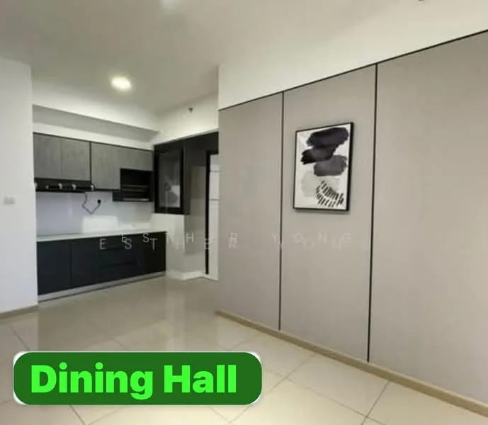 Dining features: grey cabinetry, black countertop, built-in kitchen appliances, white walls, glossy tile flooring, framed artwork on wall, open layout, recessed lighting; style: modern.