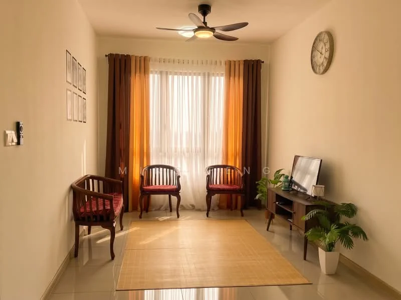 Living features: cream painted walls, light brown curtains, floor-to-ceiling windows, 3-blade ceiling fan with light, wooden flooring, area rug, 2 wooden chairs, wooden TV console, wall-mounted TV, decorative wall clock, indoor plant; style: modern.