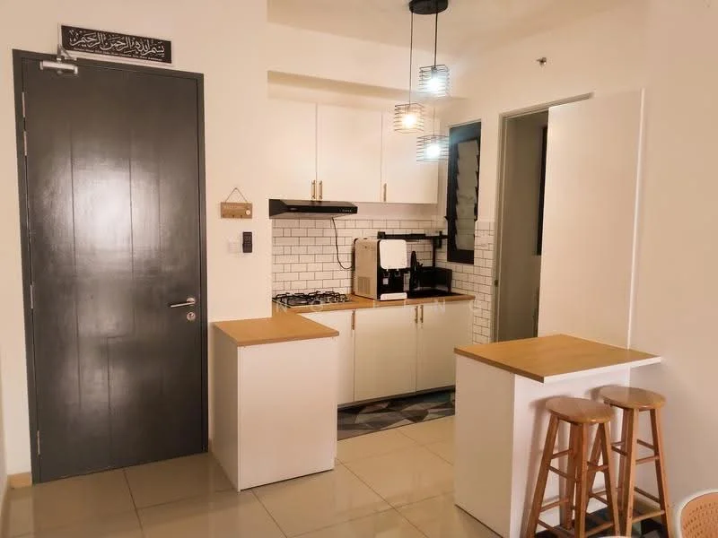 Kitchen features: white shaker cabinets, black countertop, stainless-steel gas hob, built-in oven, white subway tile backsplash, stainless-steel sink, chrome pull-down faucet, bar stools, pendant lighting, tile flooring, open layout, window with view, door with dark finish; style: modern.