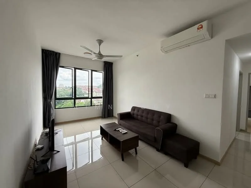 Living features: 3-seater fabric sofa in brown, coffee table, wall-mounted TV, floor-to-ceiling windows, grey curtains, white painted walls, polished ceramic tile flooring, 1 wall-mounted split AC, ceiling fan with light; style: modern; view: city.