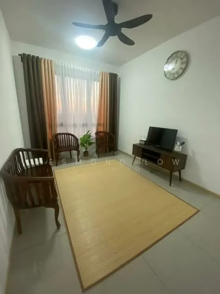 Living features: 5-blade ceiling fan with light, wall-mounted TV, wooden coffee table, 2 wooden armchairs, area rug, curtains in brown and cream, decorative wall clock, potted plant, light-colored tiled flooring, white painted walls; style: modern.