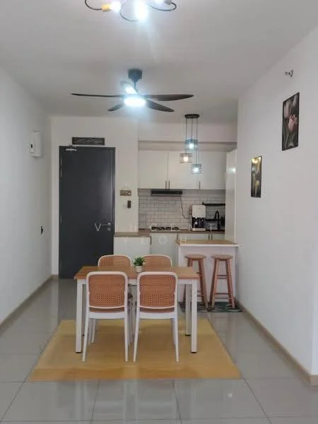 Dining features: 4-seater dining table, white dining chairs with rattan backrest, pendant lighting above table, ceiling fan with light, grey tiled flooring, wall-mounted air conditioning unit, decorative wall art, open kitchen layout visible in background; style: modern. Kitchen features: white cabinetry, black countertop, stainless-steel sink, built-in stove, kitchen appliances visible, tile backsplash; style: modern.