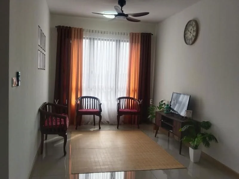 Living features: light grey painted walls, cream tiled flooring, 5-blade ceiling fan with light, large window with sheer curtains, orange and brown curtain drapes, wooden coffee table, two wooden armchairs, wall-mounted TV, decorative wall clock, indoor plant in ceramic pot, area rug; style: modern.