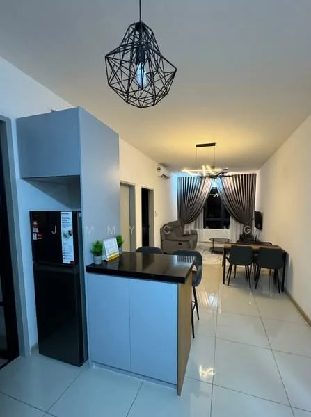 Kitchen features: grey cabinetry, black countertop, stainless-steel fridge, 4 high-back dining chairs, pendant light fixture, white walls, glossy tile flooring, floor-to-ceiling windows with sheer curtains, wall-mounted TV, dining area adjacent to kitchen; style: modern.
