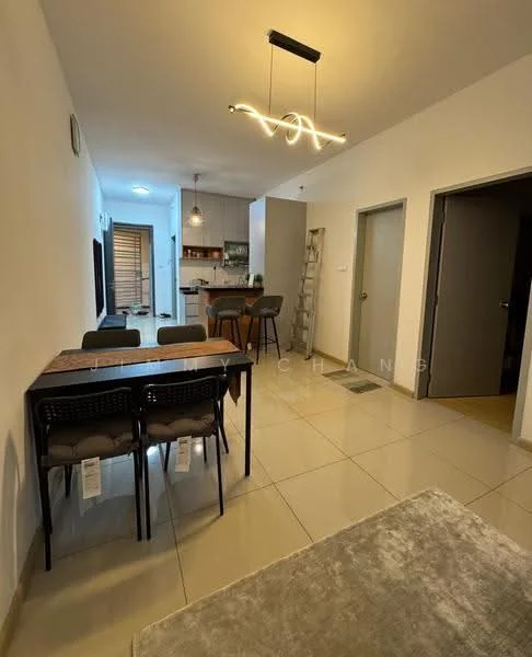 Dining features: 6-seater dining table, black dining chairs, pendant light fixture, tile flooring, neutral wall color, open layout to kitchen, decorative wall art, ladder against wall; style: modern. Kitchen features: kitchen island, stainless-steel appliances, cabinets, countertop, open shelving, tile backsplash; style: modern. Hallway features: neutral wall color, door to bathroom, door to bedroom, light fixture, tile flooring; style: modern.