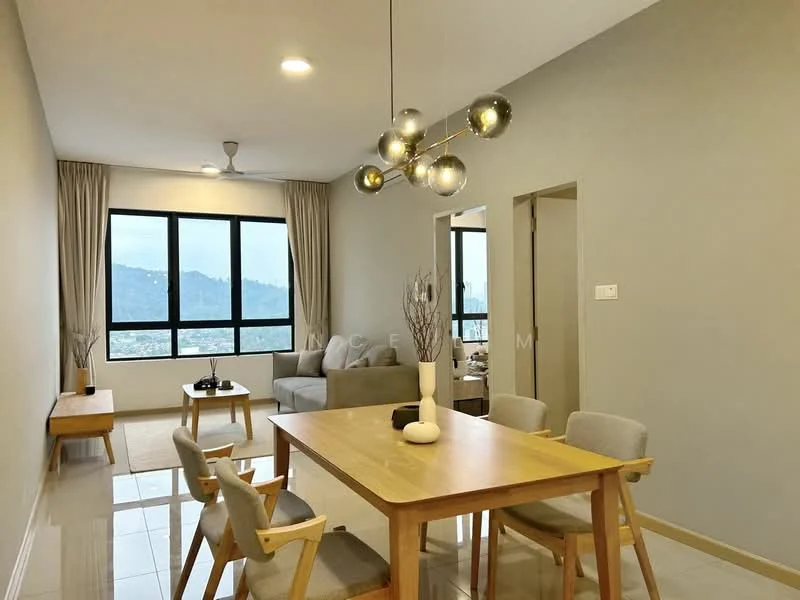 Dining features: 6-seater dining table, upholstered dining chairs, pendant light fixture, light grey walls, white tiled flooring, floor-to-ceiling windows, curtains, decorative vase on table, wooden sideboard, sofa in living area visible, ceiling fan; style: modern; view: mountain. Living features: grey fabric sofa, coffee table, TV console, area rug, floor-to-ceiling windows, curtains; style: modern; view: mountain.