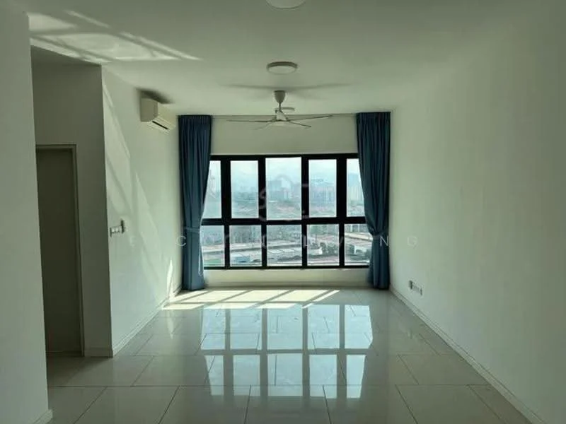 Living features: white painted walls, glossy tile flooring, 5-blade ceiling fan with light, floor-to-ceiling windows, blue curtains, city skyline view, air conditioning unit; style: modern; view: city.