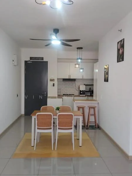 Dining features: 4-seater dining table, white chairs with rattan backrest, pendant lighting above table, ceiling fan with light, grey tiled flooring, white painted walls, decorative wall art, open layout to kitchen, wall-mounted air conditioning unit; style: modern. Kitchen features: white cabinetry, black countertop, stainless-steel appliances, built-in oven, freestanding fridge, tile backsplash, sink, kitchen island with stools; style: modern.