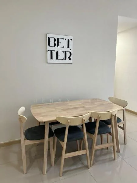 Dining features: wooden dining table, 4 dining chairs with light wood legs, grey upholstered seat cushions, framed wall art with the word 'BETTER', light-coloured walls, glossy tile flooring, natural light from adjacent room; style: modern.