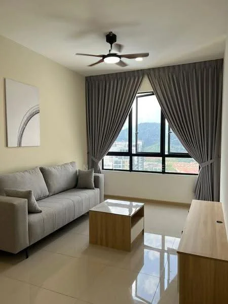 Living features: 3-seater fabric sofa in light grey, wood coffee table, TV console, floor-to-ceiling windows, curtains in light grey, ceiling fan with integrated LED light, cream painted walls, glossy tile flooring, mountain view; style: modern; view: mountain.