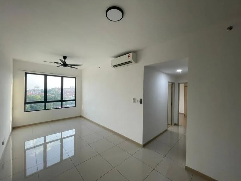 Living features: white painted walls, glossy ceramic tile flooring, 5-blade ceiling fan with light, floor-to-ceiling windows, window treatments not visible, 1 wall-mounted split AC, neutral color scheme, recessed lighting; style: modern; view: city.
