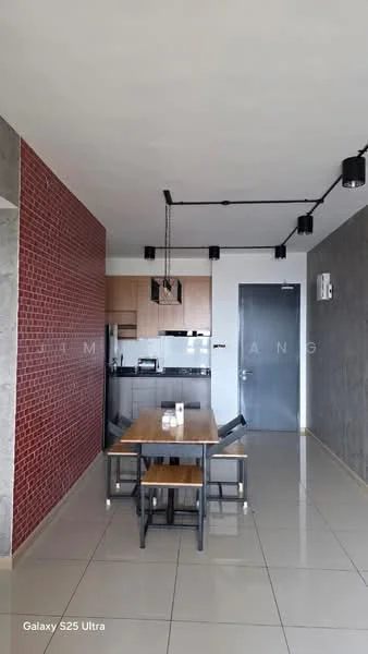 Dining features: rectangular wooden dining table, 4 black dining chairs, grey tiled flooring, exposed brick accent wall in red, smooth grey painted wall, kitchen area visible in background, pendant lighting fixture, open layout; style: modern. Kitchen features: wooden cabinetry, black countertop, stainless-steel sink, built-in stove, microwave, refrigerator, open shelving; style: modern.