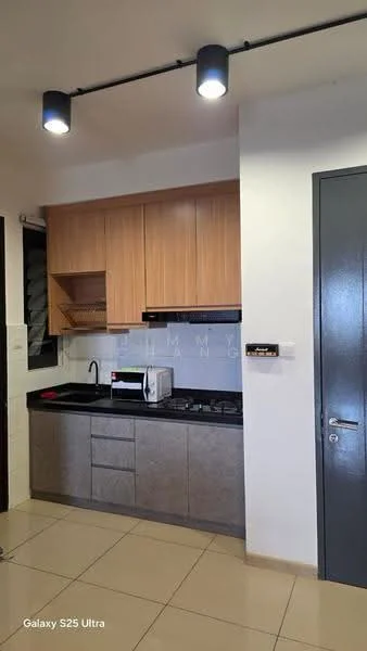 Kitchen features: wood cabinetry, black countertop, built-in oven, freestanding microwave, 4-burner gas hob, stainless-steel range hood, ceramic tile flooring, recessed downlights; style: modern.
