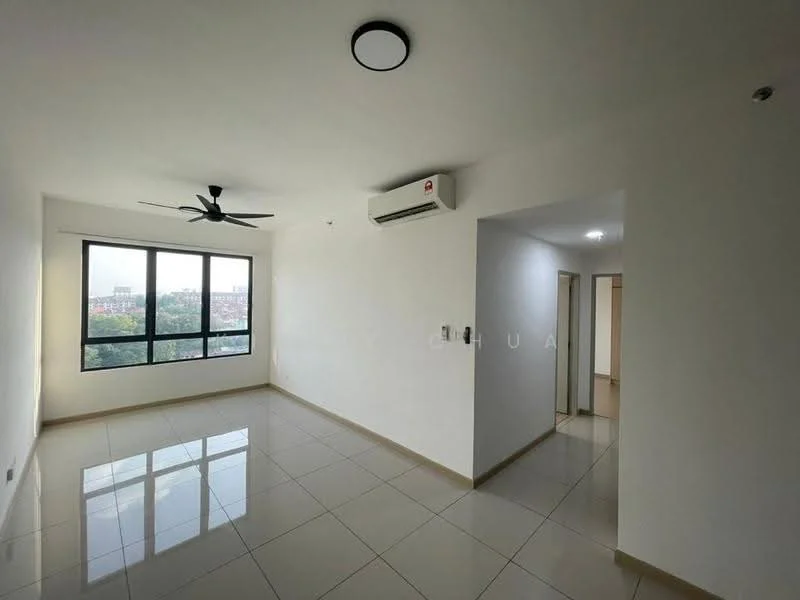 Living features: large floor-to-ceiling windows, white painted walls, polished ceramic tile flooring, 5-blade ceiling fan with light, wall-mounted split AC, neutral color scheme, natural light from windows, open layout; style: modern; view: city. Room features: white painted walls, polished ceramic tile flooring, doorway leading to other rooms, recessed lighting.
