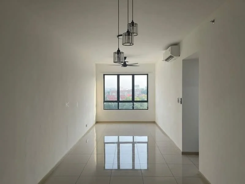 Living features: white painted walls, glossy ceramic tile flooring, 5-blade ceiling fan with light, 3 pendant lights, floor-to-ceiling windows, air conditioning unit, neutral color scheme, city view; style: modern; view: city.