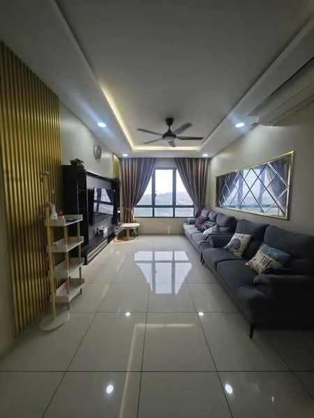 Living features: grey fabric 3-seater sofa, grey fabric 2-seater sofa, decorative cushions, wall-mounted TV, TV console, white tiled flooring, ceiling fan with light, recessed LED downlights, curtains, decorative wall paneling, large window with city view, wall clock; style: modern; view: city.
