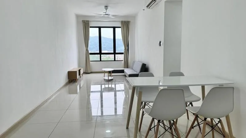 Living features: white painted walls, glossy tile flooring, 5-blade ceiling fan with light, floor-to-ceiling windows, curtains, sofa in grey, coffee table, 4-seater dining table with white chairs, wooden side table; style: modern; view: mountain.