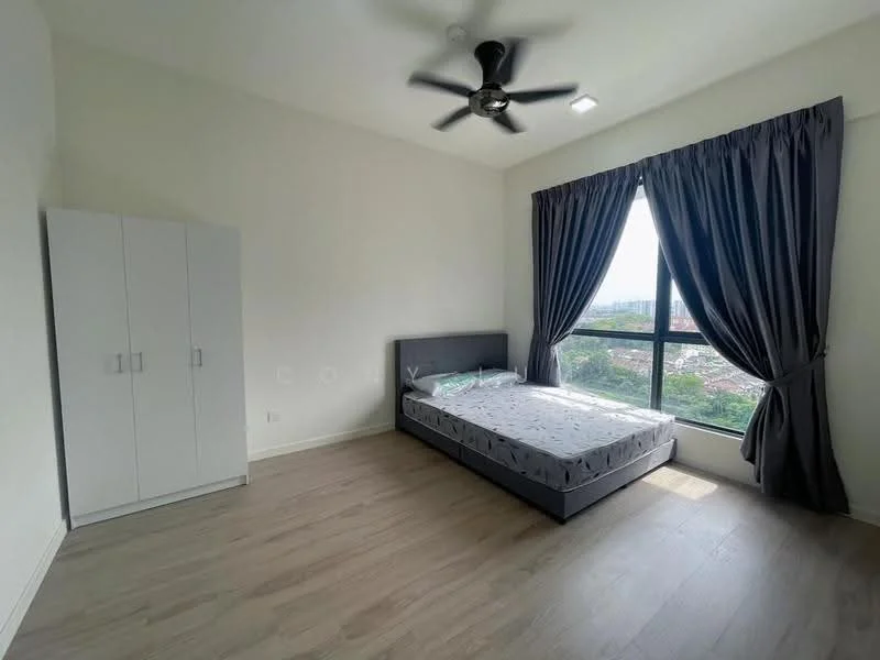 Bedroom features: king-size bed, upholstered headboard, floor-to-ceiling window, grey curtains, white wardrobe with two doors, light wood flooring, ceiling fan with light, decorative wall, city view; style: modern; view: city.