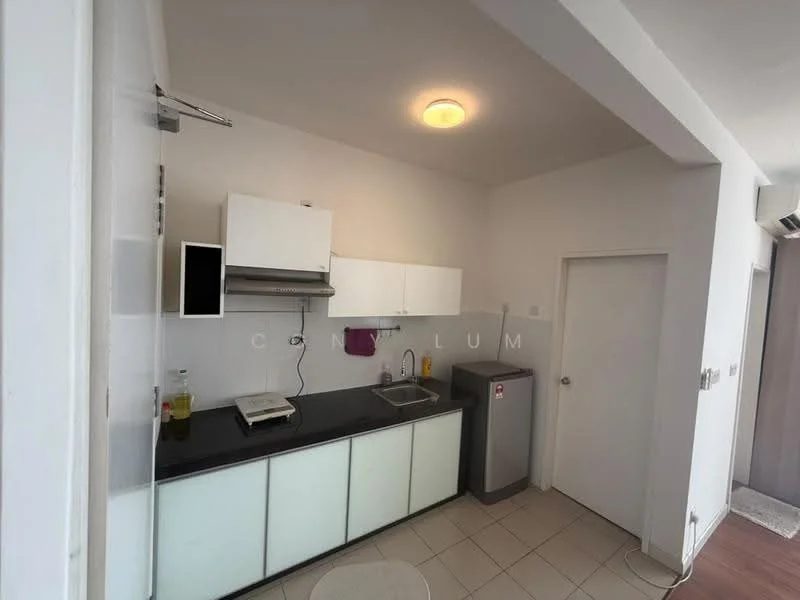 Kitchen features: white cabinetry, black countertop, single-bowl stainless-steel sink, chrome pull-down faucet, built-in oven, freestanding fridge, tile flooring, recessed ceiling light; style: modern.