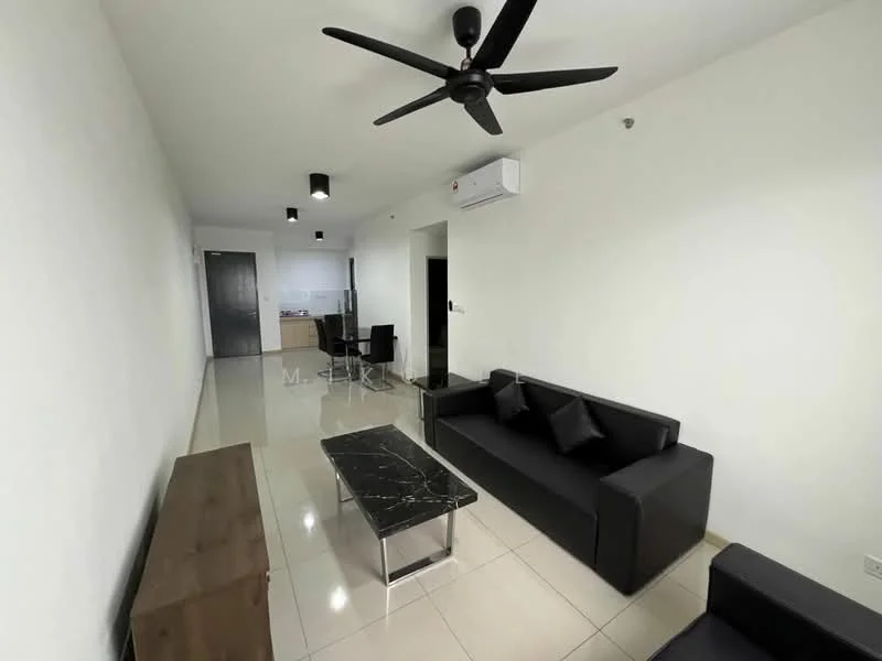 Living features: black fabric 3-seater sofa, black accent cushions, black coffee table with marble top, wooden TV console, white painted walls, glossy tile flooring, ceiling fan with light, wall-mounted split AC, recessed downlights; style: modern. Kitchen features: open kitchen layout, stainless-steel sink, built-in cabinetry, countertop, kitchen appliances visible; style: modern.
