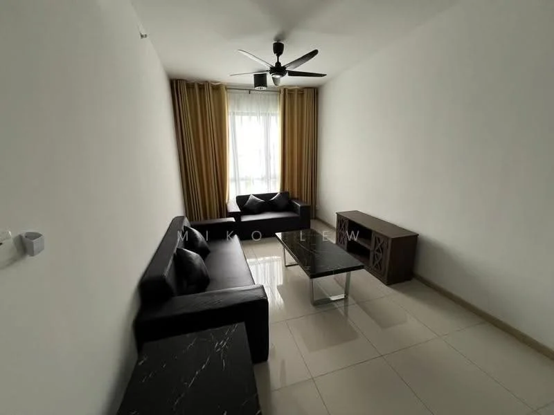 Living features: 2-seater black leather sofa, 3-seater black leather sofa, glass coffee table with black base, wooden TV console, cream painted walls, white ceiling, recessed downlights, 5-blade ceiling fan, floor-to-ceiling windows with sheer curtains, light brown tiled flooring, decorative cushions on sofas, curtains in light brown color; style: modern.