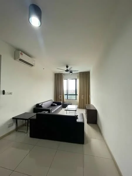 Living features: 3-seater black leather sofa, 2-seater black leather sofa, coffee table, TV console, wall-mounted TV, ceiling fan, 1 wall-mounted split AC, floor-to-ceiling window, curtains, light-colored walls, tile flooring, decorative wall art; style: modern; view: city.