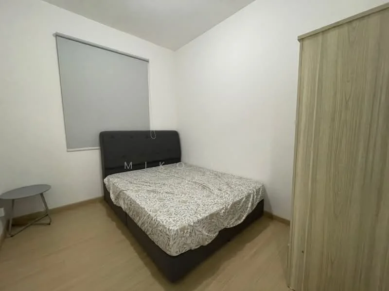 Bedroom features: queen-size bed with upholstered headboard, light-colored bedding, wooden wardrobe, grey bed frame, laminate flooring, white painted walls, roller blinds on window, nightstand; style: modern.