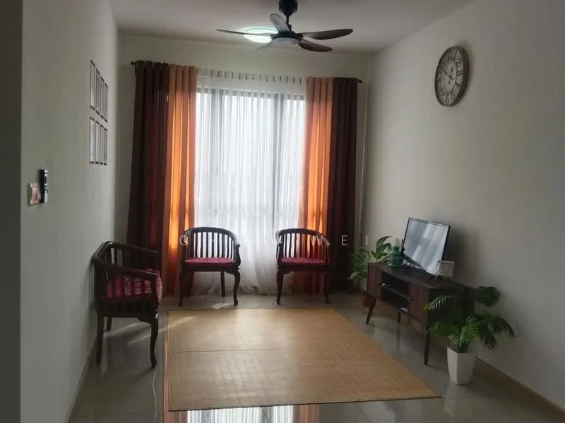 Living features: white painted walls, glossy tile flooring, 5-blade ceiling fan with light, floor-to-ceiling windows, sheer curtains, orange and brown curtain drapes, wooden coffee table, two wooden chairs with cushions, wall clock, TV console, potted plant; style: modern.