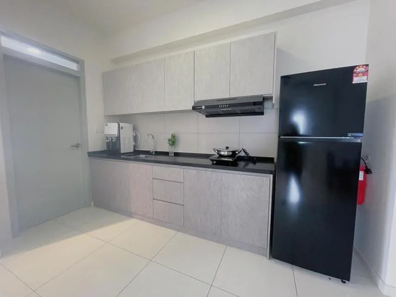 Kitchen features: grey cabinetry, black countertop, stainless-steel sink, chrome pull-down faucet, built-in gas hob, exhaust hood, black fridge, white tiled flooring, wall-mounted fire extinguisher, window for natural light; style: modern.