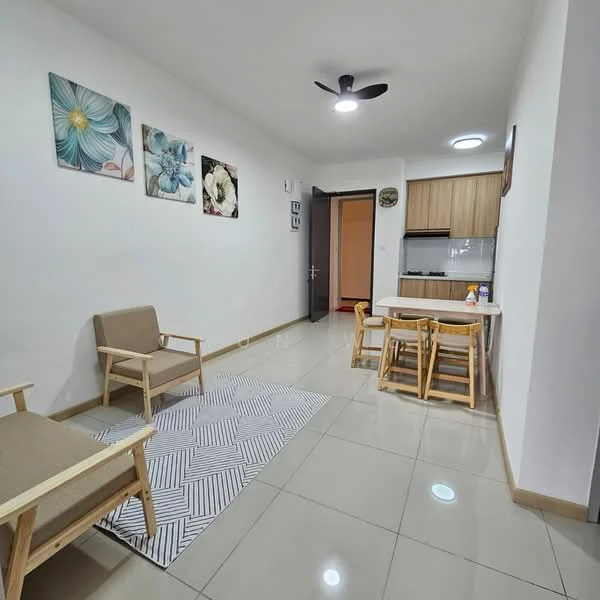 Living features: white painted walls, glossy tile flooring, 5-blade ceiling fan with light, recessed ceiling lights, two wooden armchairs, area rug with geometric pattern, dining table with four chairs, kitchenette with wooden cabinetry, fridge, built-in oven, microwave; style: modern.