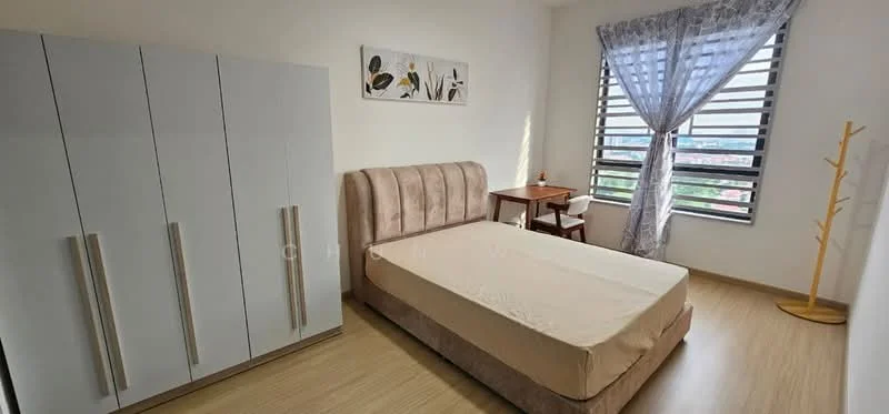 Bedroom features: queen-size bed, upholstered headboard, wooden bedside table, floor-to-ceiling windows, curtains, built-in wardrobe with sliding doors, wooden flooring, decorative wall art; style: modern; view: city.