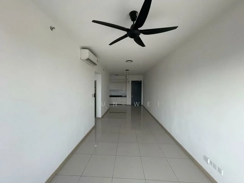 Room features: white painted walls, glossy tile flooring, 5-blade ceiling fan, wall-mounted split AC, recessed downlights, open layout, doorway leading to kitchen, neutral color scheme; style: modern.