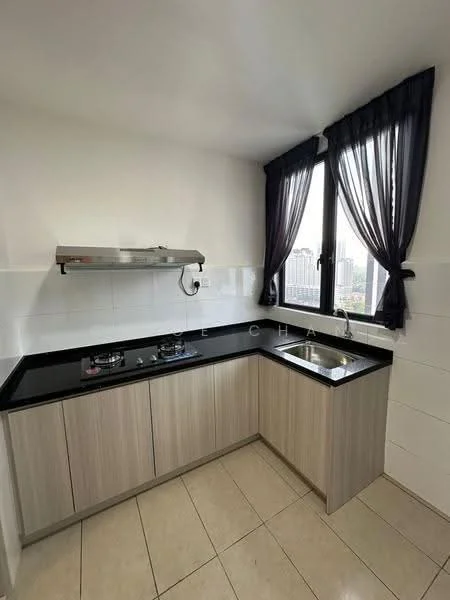 Kitchen features: black granite countertop, light wood cabinetry, stainless-steel gas hob, stainless-steel range hood, single-bowl stainless-steel sink, white tiled backsplash, floor-to-ceiling windows, curtains, ceramic tile flooring, city view; style: modern; view: city.